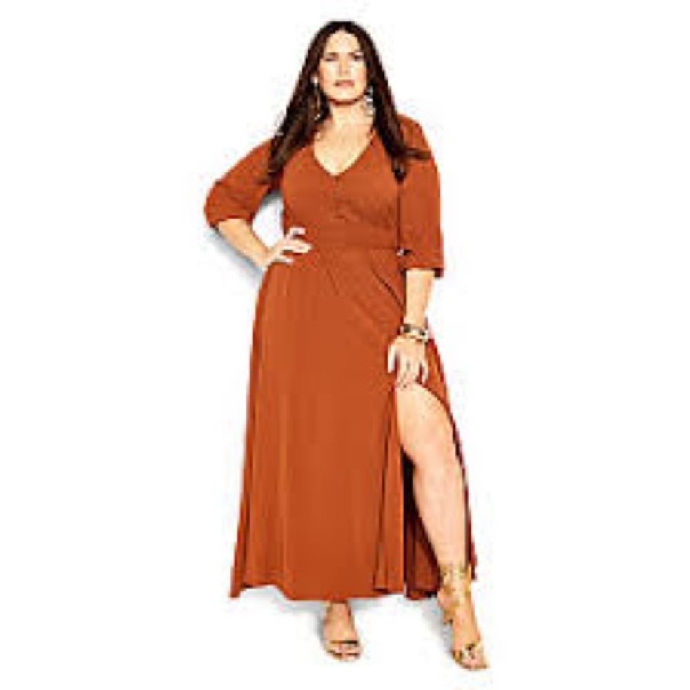 City Chic Maxi Desire Dress Plus Sz 14 Boho Button Front Smocked Waist Rust Midi